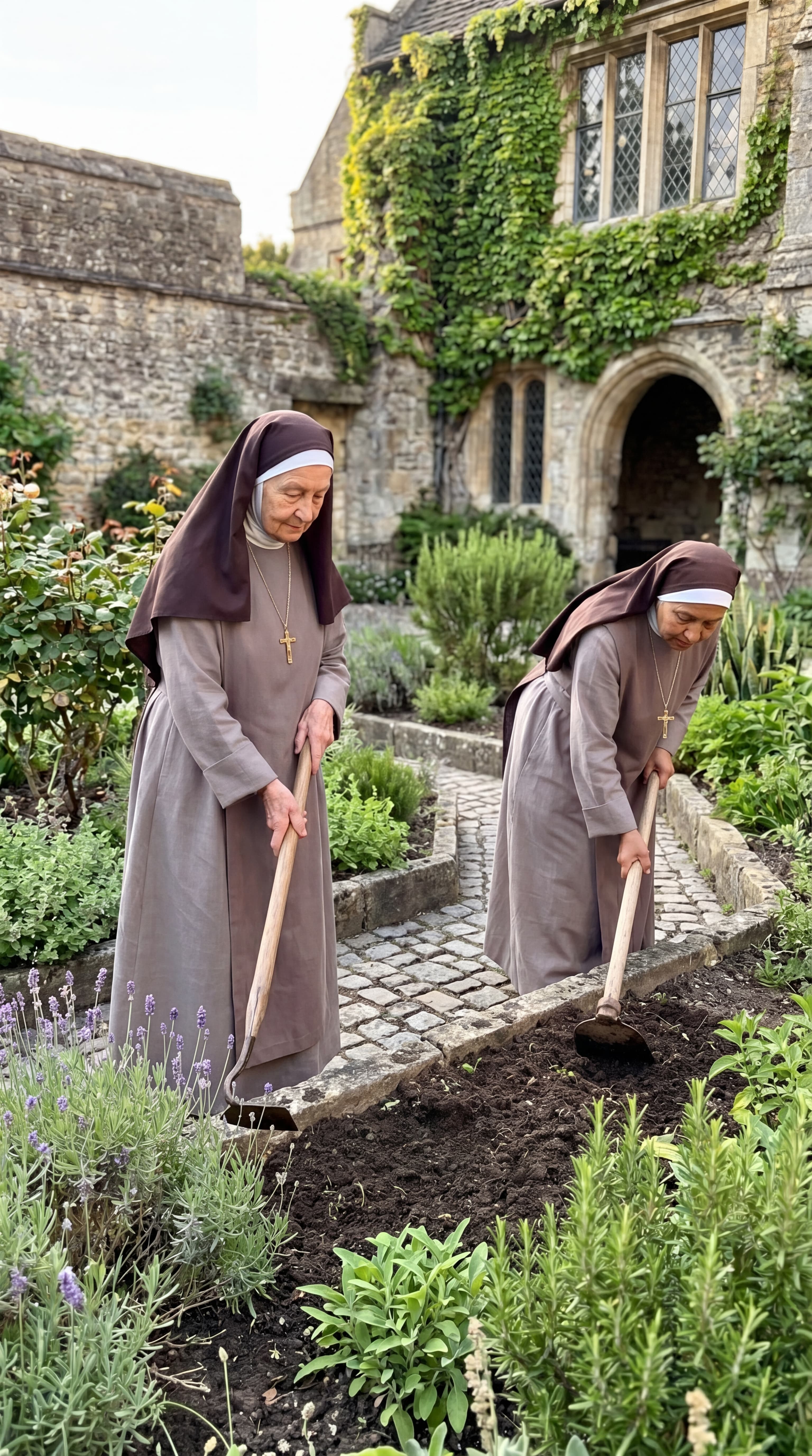 Monastery herb garden with rows of lavender and rosemary in warm afternoon light