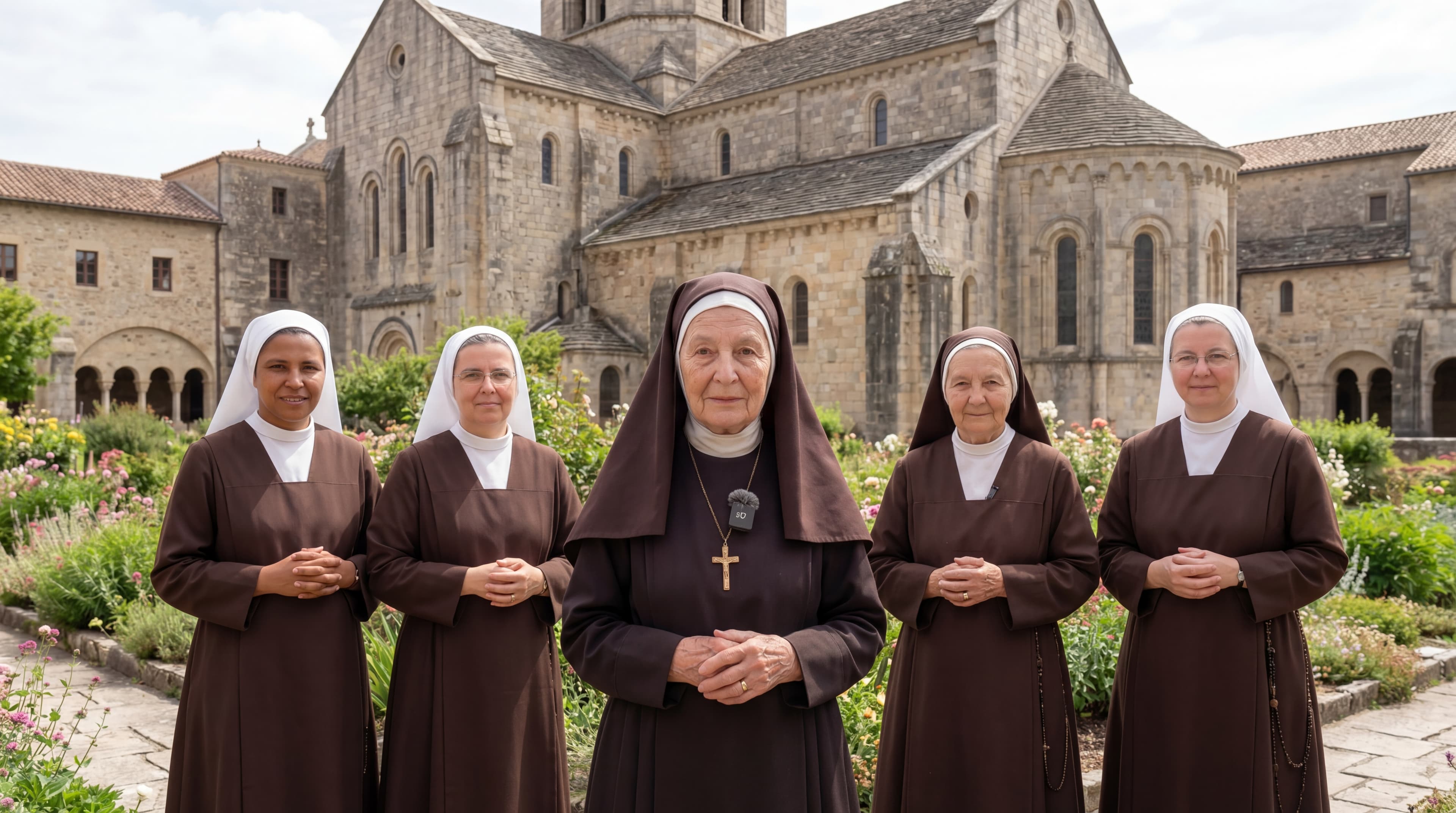 Stone archway of a mountain monastery surrounded by green hillside at dawn