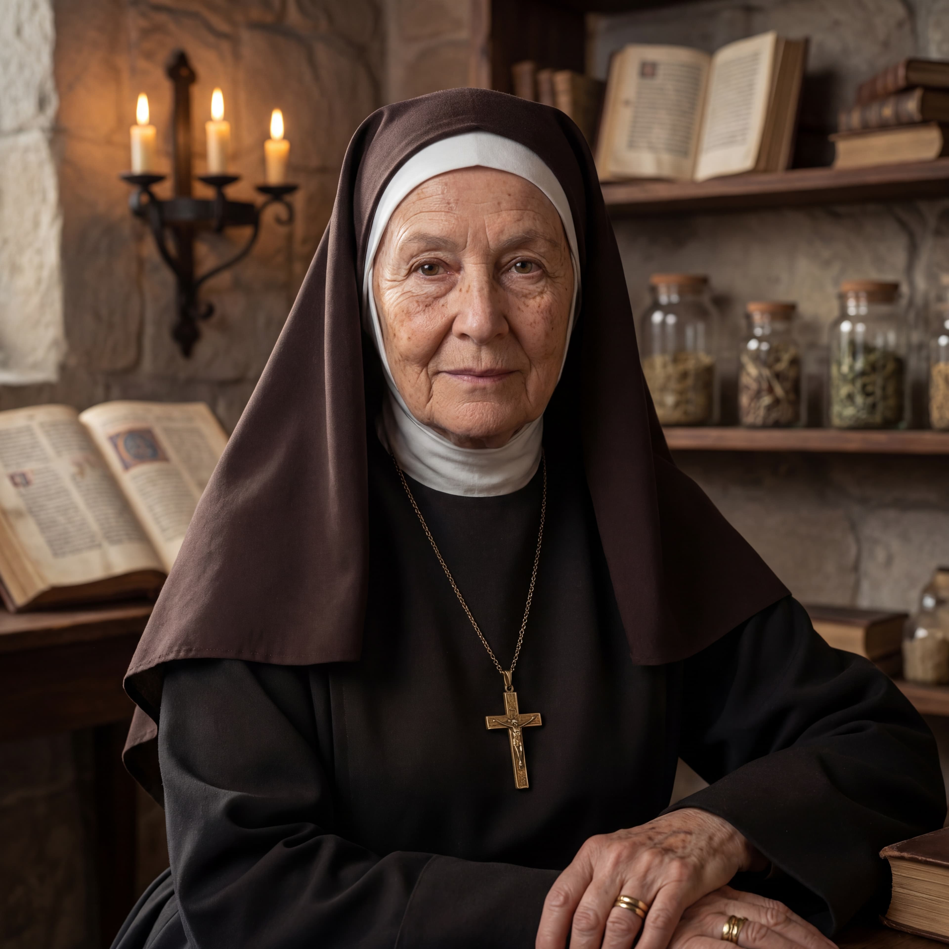 Sister Martha, a nun in her late 60s with kind eyes and a gold cross necklace