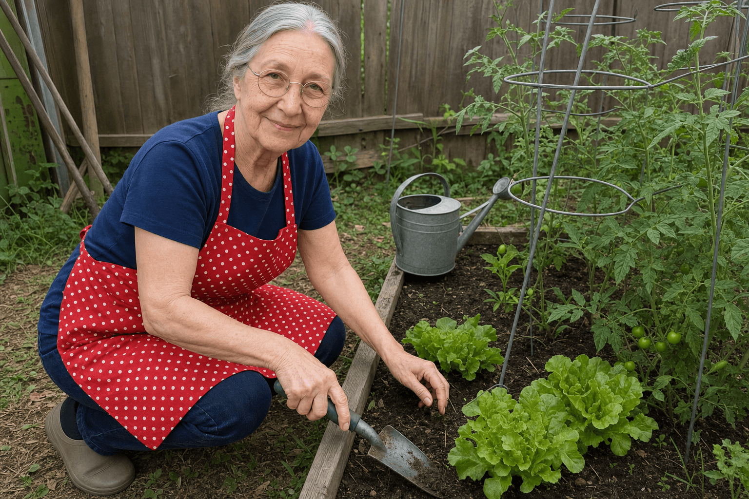Martha tending vegetables in a garden bed with a hand trowel