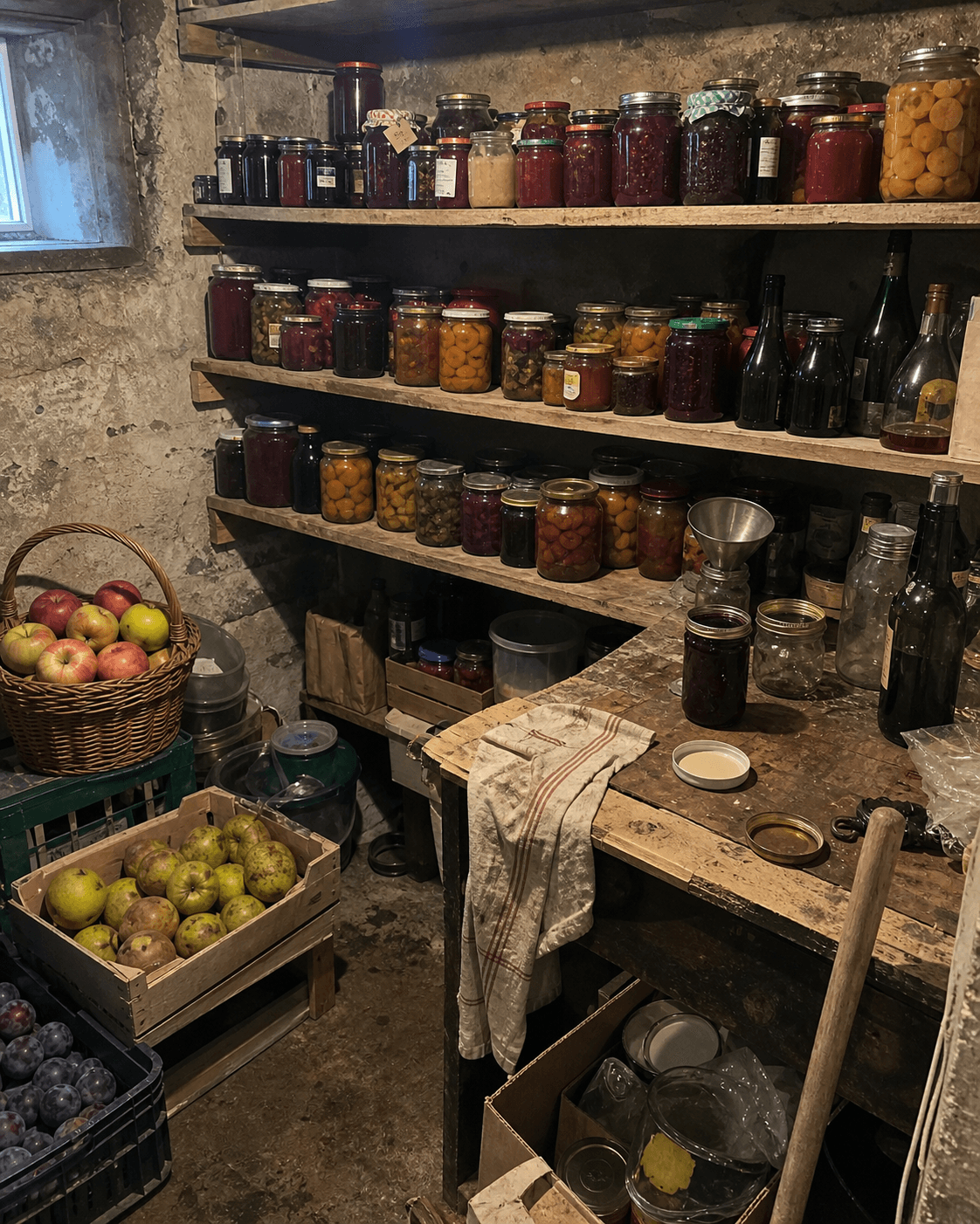 Martha’s rustic pantry shelves filled with preserved jars and stored produce