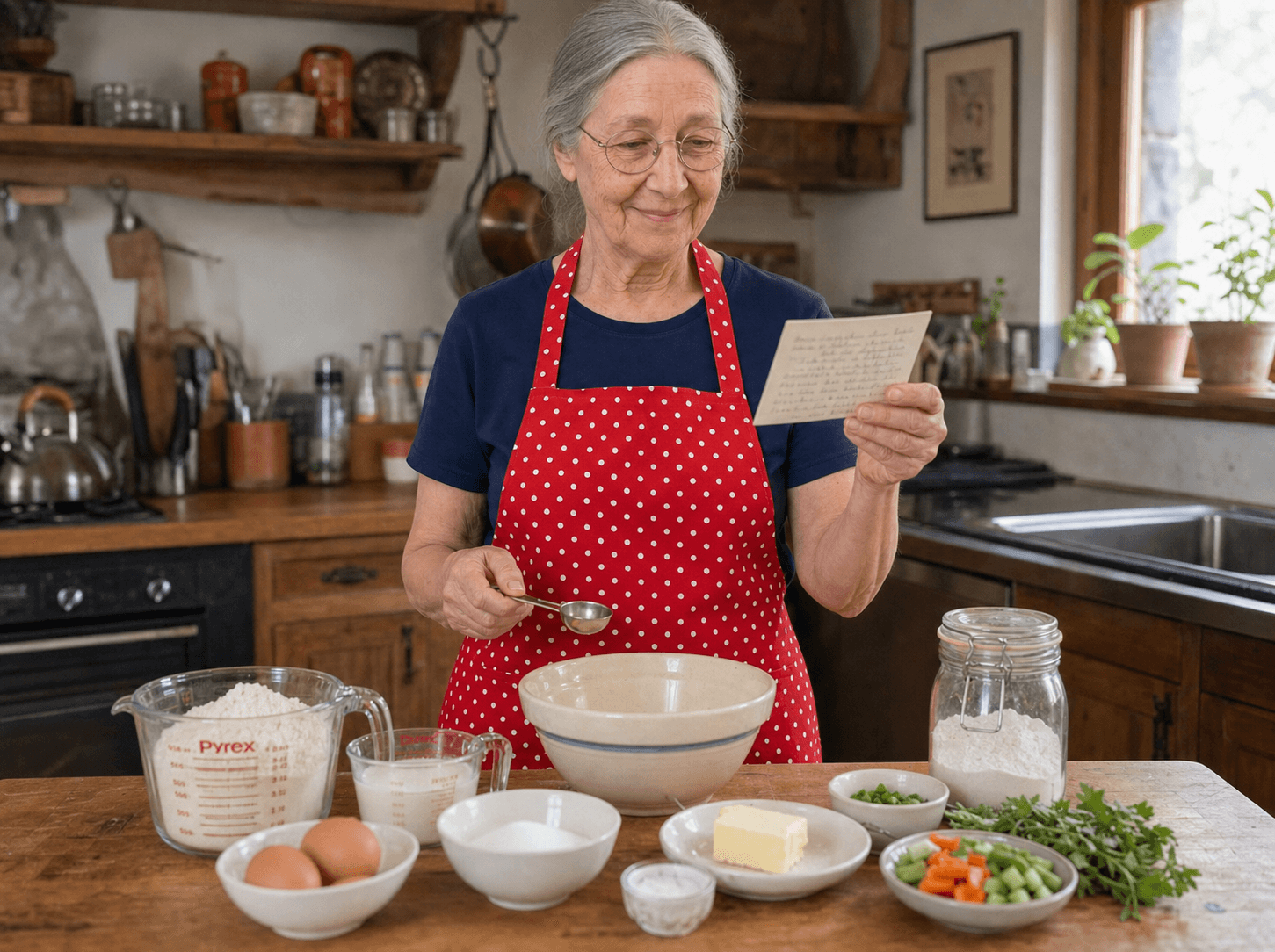 Martha holding a handwritten recipe card while preparing ingredients in her kitchen